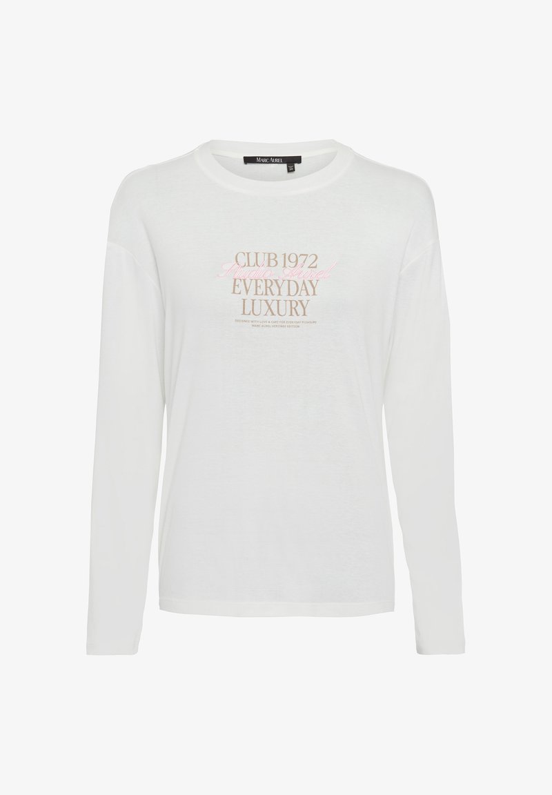 White long-sleeve T-shirt featuring front text design in pink and brown. Soft cotton material with a relaxed fit and crew neck.