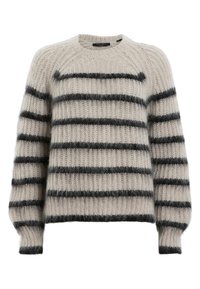 Hellbeige gestrickter Pullover mit schwarzen horizontalen Streifen, rundem Ausschnitt und gerippten Bündchen und Saum. Weicher, strukturierter Stoff.