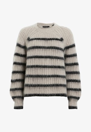 Suéter de punto beige claro con rayas horizontales negras, escote redondeado y puños y dobladillo acanalados. Tela suave y texturizada.