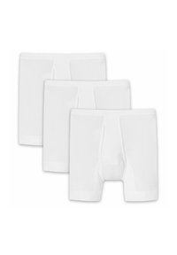 Three pairs of white cotton boxer shorts. They feature a ribbed texture and a smooth waistband with subtle branding on top.