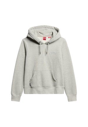 Grijze sweatshirts met capuchon, vooraan kangaroo pocket en geribde manchetten. Heeft subtiele merkidentificatie op de borst in bijpassende draad. Zachte textuur.