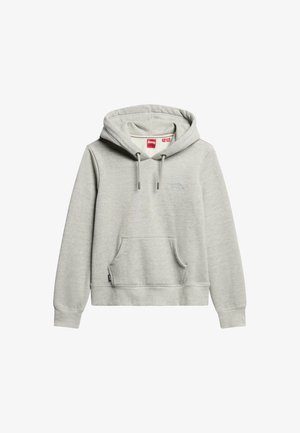 Grå sweatshirt med hætte, frontal kengurulomme og ribbede manchetter. Har subtil branding på brystet i matchende tråd. Blød tekstur.