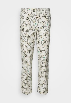 Floral-patterned pants with a cream background, featuring black outlines, green accents, and a straight-leg design. Soft fabric texture.