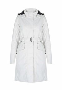 Witte waterdichte jas met rits aan de voorkant, verstelbare capuchon en een ceintuur in de taille. Heeft twee voorzakken en een gladde textuur.