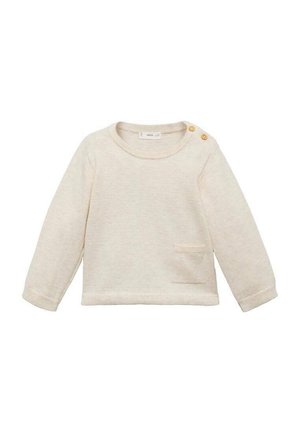 Pull en jersey beige clair à manches longues pour tout-petits avec un col rond, un tissu texturé, une petite poche avant et deux boutons décoratifs à l'épaule.