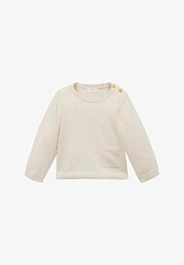 Pull en jersey beige clair à manches longues pour tout-petits avec un col rond, un tissu texturé, une petite poche avant et deux boutons décoratifs à l'épaule.