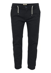 Pantalons de jogging noirs avec des poignets élastiques, une taille à cordon de serrage et une fermeture à bouton unique. Fabriqués en tissu doux et léger.
