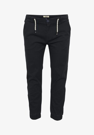 Mustad jogger-püksid elastsete sääreotstega, nöörivööga ja ühe nööbiga kinnitamine. Valmistatud pehmest, kergekaalulisest kangast.