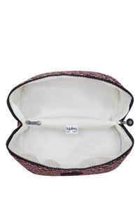 Pochette con zip realizzata in tessuto testurizzato, prevalentemente arancione e nera con un motivo geometrico. L'interno presenta una fodera chiara e una tasca con zip.