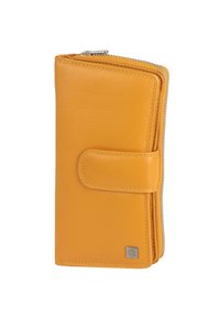 Portafoglio giallo in pelle con chiusura a scatto e scomparto con zip, dotato di un piccolo logo metallico nell'angolo inferiore.