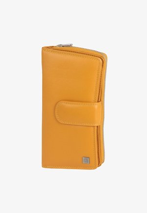 Yellow leather wallet with snap closure and zippered compartment, featuring a small metal logo on the bottom corner.