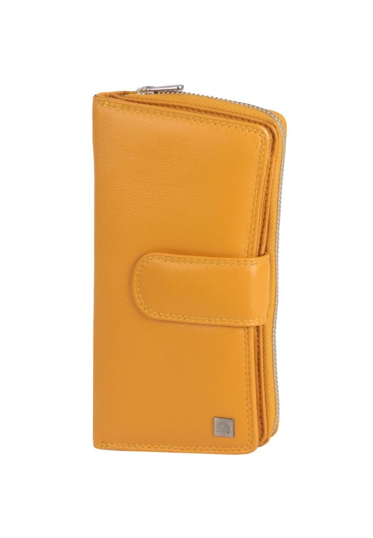 Portafoglio giallo in pelle con chiusura a scatto e scomparto con zip, dotato di un piccolo logo metallico nell'angolo inferiore.