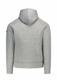 Felpa grigia con cappuccio, realizzata in tessuto morbido. Presenta maniche lunghe, una vestibilità rilassata, polsini a costine e un design semplice senza motivi.