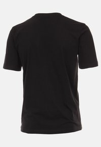 Schwarzes Kurzarm-T-Shirt aus Baumwolle mit Rundhalsausschnitt, glatter Textur und normaler Passform ohne sichtbares Logo oder Designs.