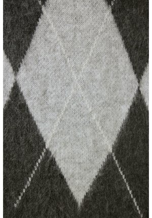 Tessuto a maglia grigio con un motivo a diamante grigio chiaro. Texture morbida con un aspetto leggermente peloso e cuciture bianche in contrasto.
