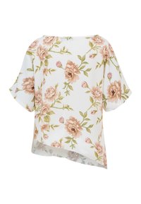 Blouse blanche à manches courtes avec un ourlet asymétrique, présentant un motif de grandes roses roses et beige avec des feuilles vertes.