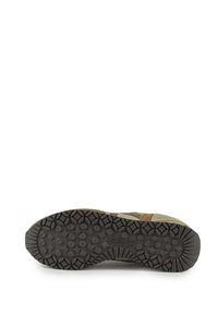 Sneaker with a textured brown rubber outsole, featuring a geometric pattern, beige and tan upper materials, and reinforced side accents.