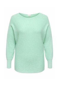 Mintunvihreä ribbineulepaita, jossa leveä pyöreä pääntie, pitkät hihat ja rento istuvuus; valmistettu pehmeästä neulotusta materiaalista mukavuutta varten.