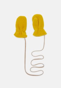 Gelbe Fleece-Handschuhe mit gerafften Bündchen und einem beigen Kordel, in flacher Anordnung. Das Design hat eine abgerundete Oberseite und eine glatte Textur.