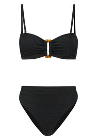 Fekete bikini, textúrált zebra mintával. A felsőrész ráncolt kialakítású, középen narancssárga kiegészítőkkel. Magas derekú alsó rész.