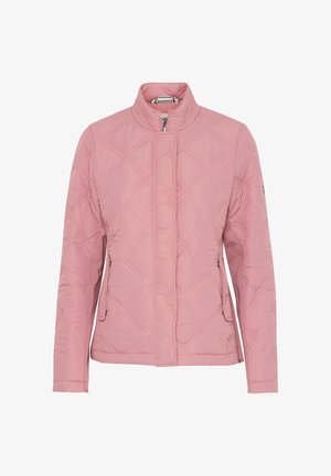 Világos rózsaszín, steppelt dzseki álló gallérral, két oldalsó zsebbel és átlós varrásmintákkal. Puha, texturált anyagból készült.