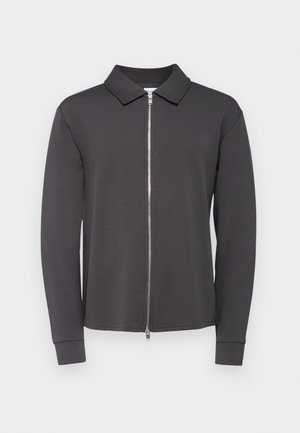 Dark gray zip-up jacket with a flat collar, long sleeves, and ribbed cuffs. Made of soft, smooth fabric with a minimalist design.