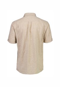 Camicia in lino beige a maniche corte con colletto button-down, piega sul retro e orlo arrotondato. Tessuto morbido e design leggero.