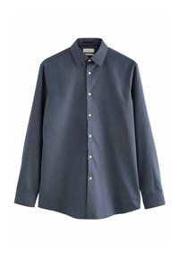 Camisa de manga larga para hombre en patrón a cuadros azul oscuro. Confeccionada en tejido de sarga, presenta una tapeta de botones y un cuello puntiagudo.