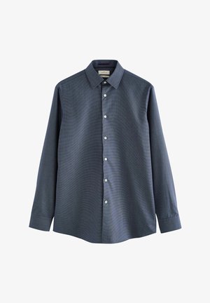 Heren overhemd met lange mouwen in een donkerblauw geruit patroon. Gemaakt van geweven stof, met een knoopsluiting en een puntige kraag.