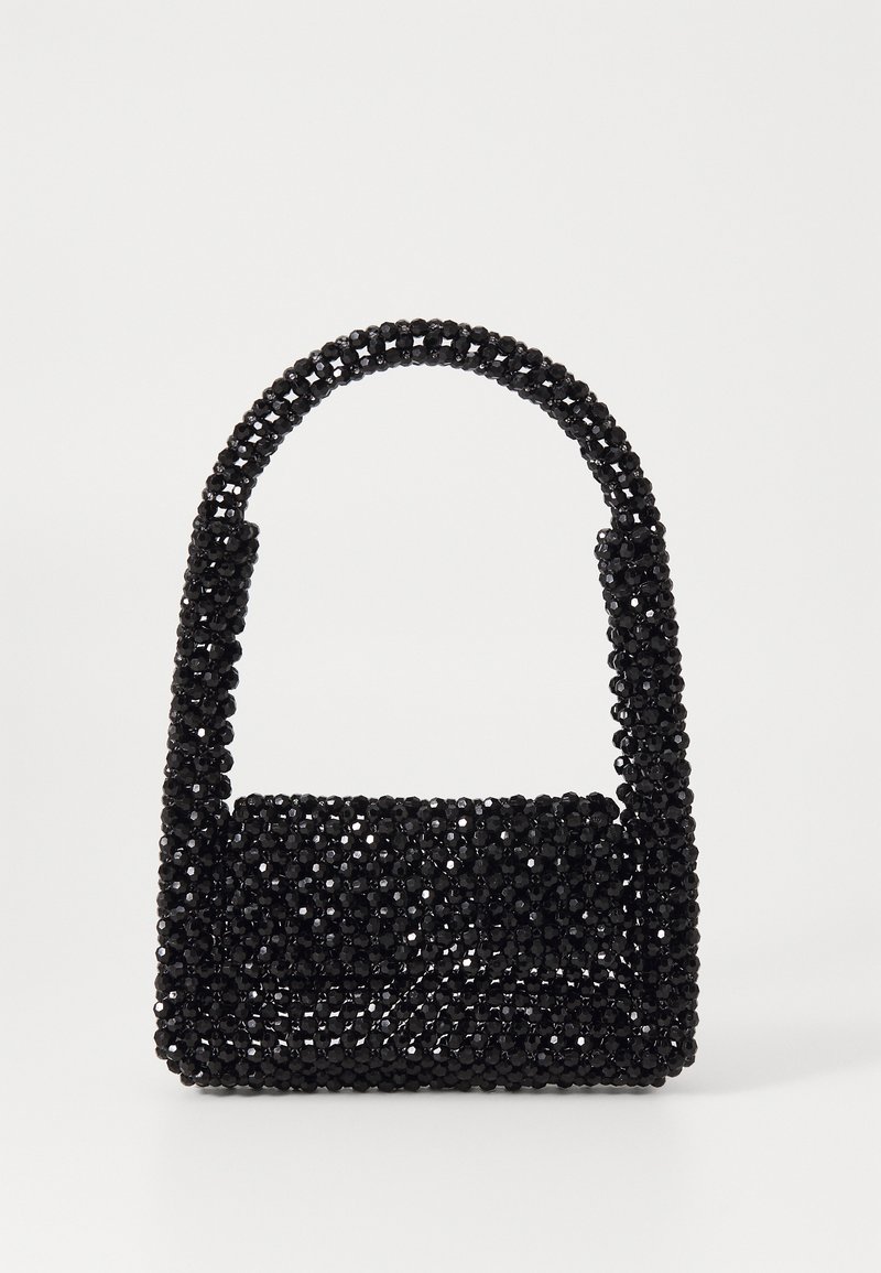 Schwarze Perlenhandtasche mit strukturiertem Design, runder Griffe und geflochtenem Muster. Die Oberfläche weist gleichmäßig verteilte, glänzende Perlen auf.