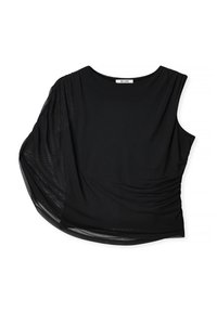 Sort kortærmet top lavet af blødt stof, med draperet design, rund halsudskæring og subtil tekstur samt en afslappet silhuet.