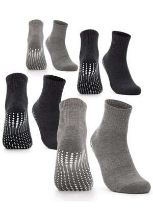Eight pairs of gray and black ankle socks with white non-slip grips displayed from multiple angles on a white background.