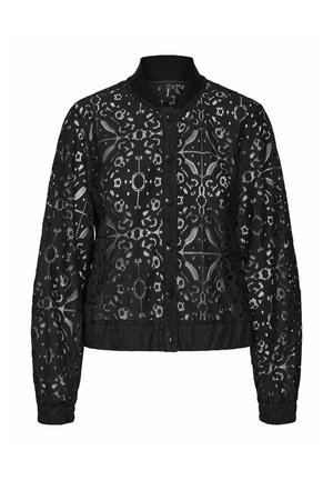 Black lace bomber jacket with a button-down front. Features intricate floral patterns, ribbed collar, and elasticized cuffs.