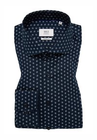 Camicia blu navy con motivi circolari bianchi, design moderno, colletto button-down, maniche lunghe e tasca con bottoni.