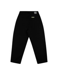 Black trousers with a straight-leg cut, featuring a rear pocket with a colorful "homeboy" label and a simple waistband design.