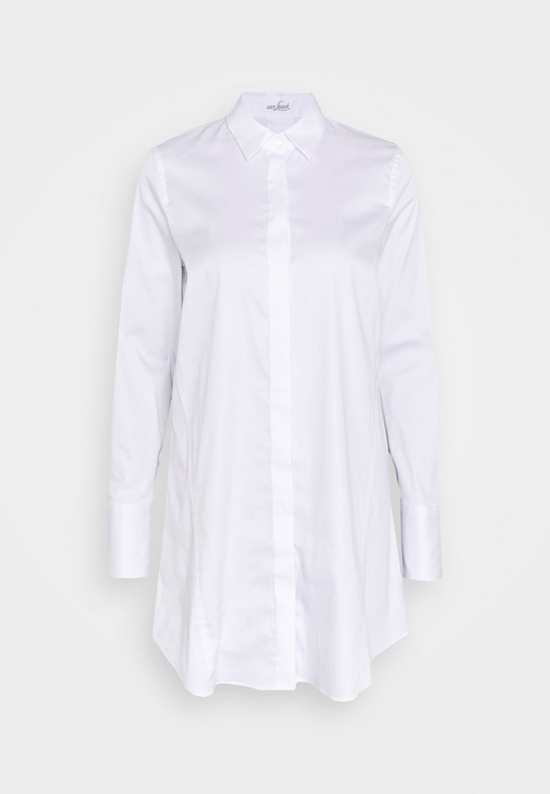 Chemise blanche à manches longues avec col classique, coupe droite et légère brillance. Comprend une patte de boutonnage complète à l'avant et des poignets.