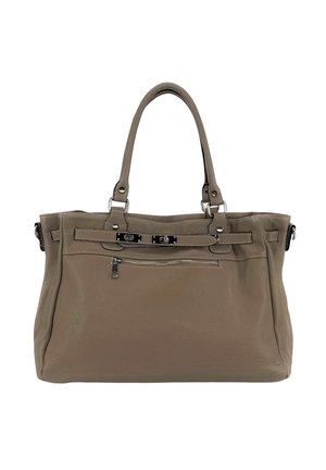 Sac à main en cuir taupe avec deux poignées, une poche avant zippée et une sangle décorative avec boucle en métal.