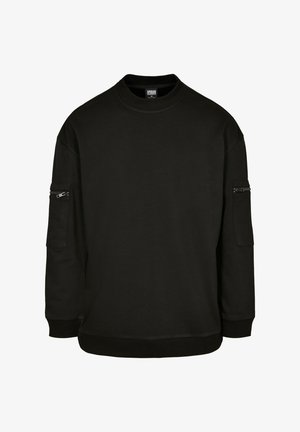 Černá mikina s kulatým výstřihem a dlouhými rukávy. Má kapsy na zip na rukávech a žebrované manžety a lem.