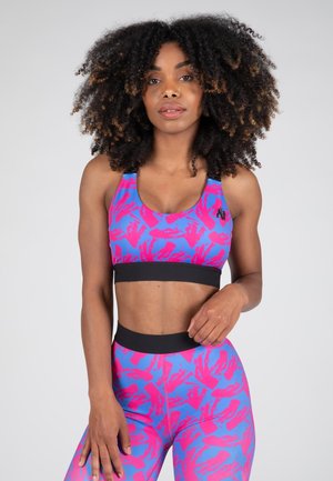 Sport-BH und Leggings-Set mit einem lebhaften rosa-blauen abstrakten Muster, ausgestattet mit einem einfarbigen schwarzen Bund und Trägern für zusätzlichen Halt.