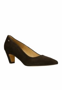 Pump in suede marrone con tacco alto e punta affusolata, dotata di un tacco blocco modesto. L'interno è beige, con un piccolo logo accanto al tallone.