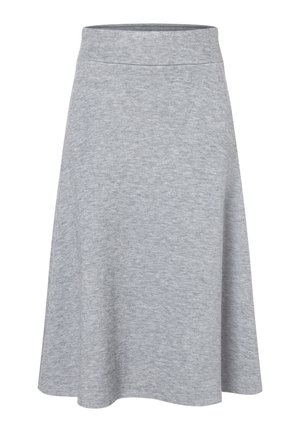 Jupe droite gris clair avec une large ceinture, en tissu tricoté doux, de longueur moyenne, design sans couture.