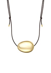 Sile keraamiline kuldne ripats reguleeritaval tumedast pruunist nöörist, kus on metallotsad, valge tausta keskpunktis.