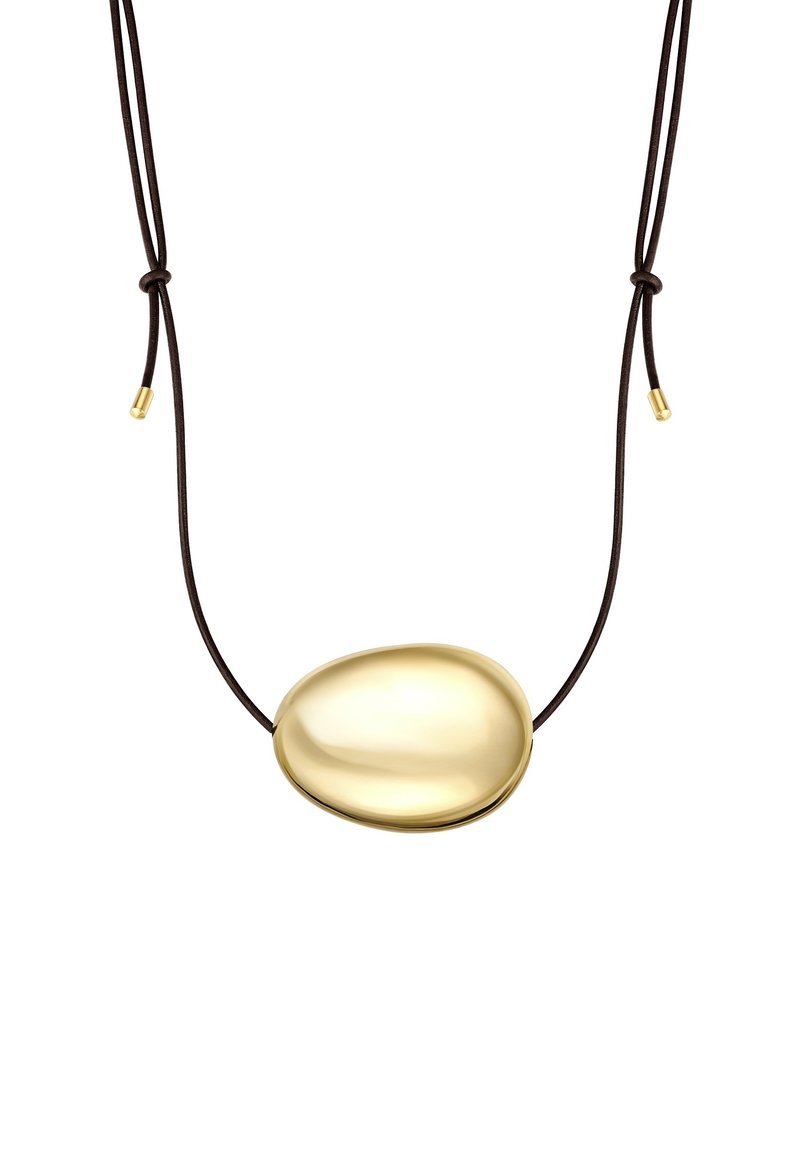 Sile keraamiline kuldne ripats reguleeritaval tumedast pruunist nöörist, kus on metallotsad, valge tausta keskpunktis.