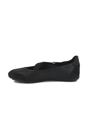 Ballerines noires dotées d'une tige en cuir lisse, d'accents en daim, d'un bout arrondi, de lanières élastiques et d'une semelle texturée antidérapante.