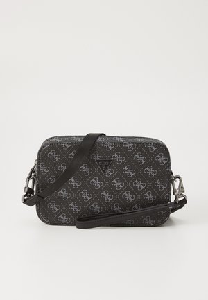 Black patterned crossbody bag with a textured finish, featuring a chain strap and a triangular logo detail. Zipper closure along the top.