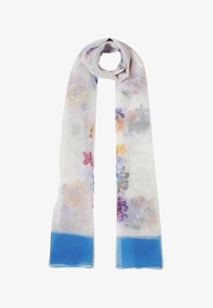 Foulard floreale trasparente con fiori pastello su sfondo bianco, con un accento blu solido alle estremità. Design leggero e fluente.