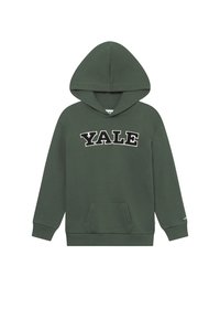 Grønn hettegenser laget av en bomullsblanding, med en stor kengurulomme foran og en stor "YALE"-logo i kontrastfargene hvit og svart.
