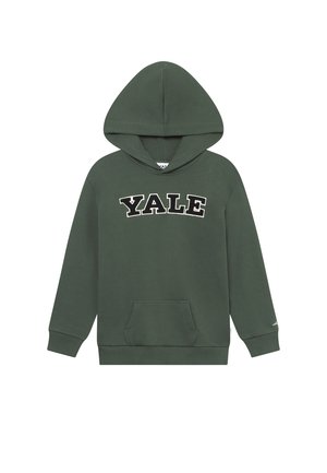 Haut à capuche vert en mélange de coton, doté d'une grande poche kangourou à l'avant et d'un large logo "YALE" en blanc et noir contrastants.