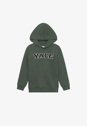 Žalias džemperis su gobtuvu, pagamintas iš medvilnės mišinio, su priekinėmis kengūros kišenėmis ir dideliu kontrastingų baltų ir juodų spalvų "YALE" logotipu.