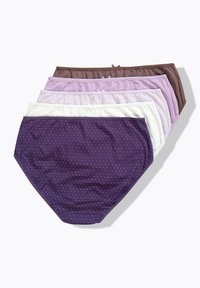 Set van vijf damesonderbroeken van zachte katoen. Kleuren zijn bruin, paars, licht lavendel, wit en donkerpaars met witte stippen.